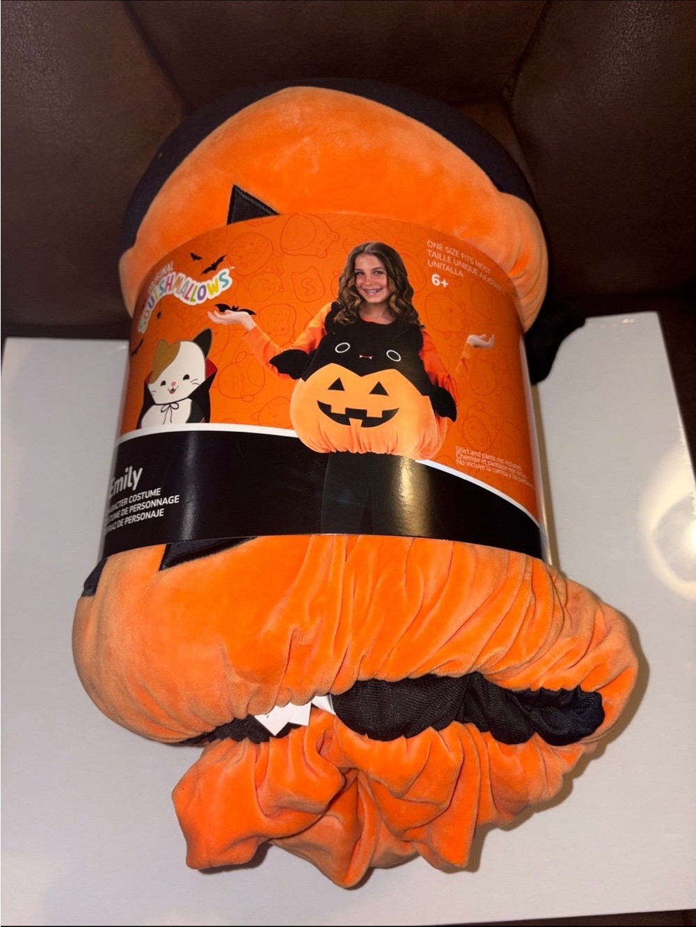 Squishmallow costume Emily black bat in pumpkin jack-o-lantern halloween plush